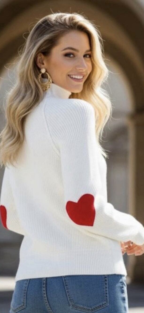 Chicwish White Ribbed Mock Neck Heart Elbow Patch Sweater Est. Small GUC